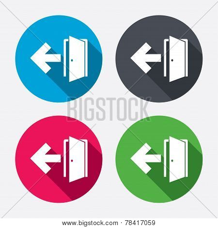 Emergency exit sign icon. Door with left arrow.