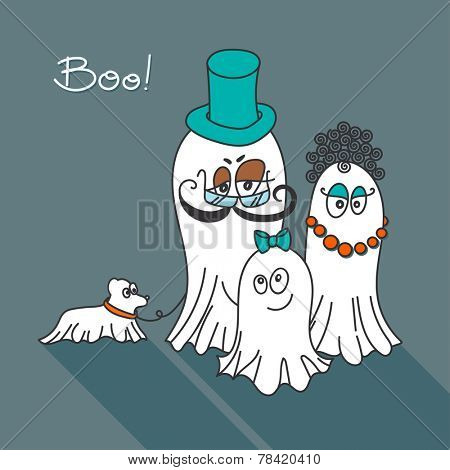 Friendly ghosts family with pet. Cartoon characters in white bed sheets.