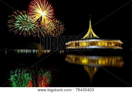 Fireworks On The Black Sky Background With Reflection On Water At Suanluang Rama Ix  Thailand