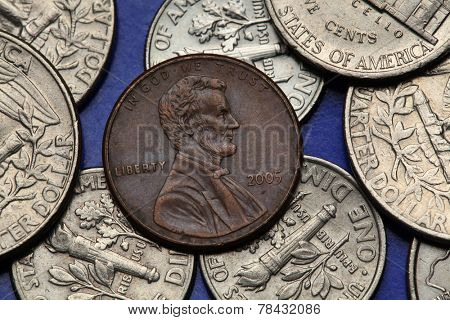 Coins of USA. Abraham Lincoln depicted on the US one cent coin.