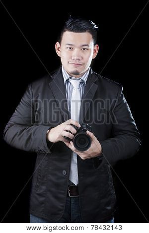 Young Asian Man Holding Dslr Camera Take A Photography By Low Key ,low Light White Dark Background T
