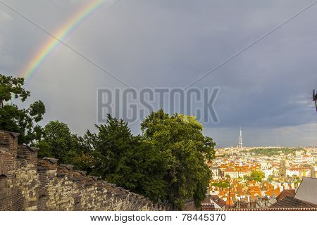 view from the Prague Castle in the old town and a rainbow