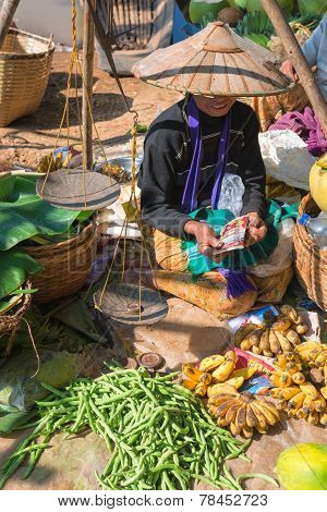 Burmese Traditional Open Market With Vegetable