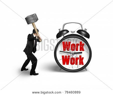 Businessman Hand Holding Sledgehammer Hitting Work Clock With Broken Glass