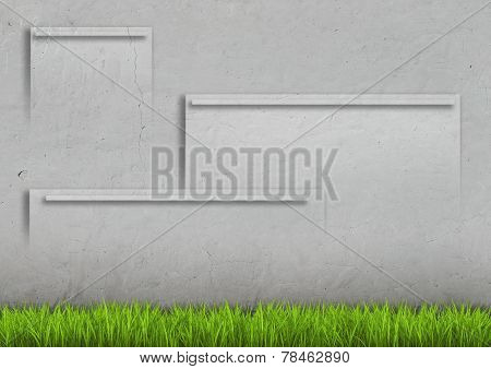 Green fresh grass in front of concrete wall