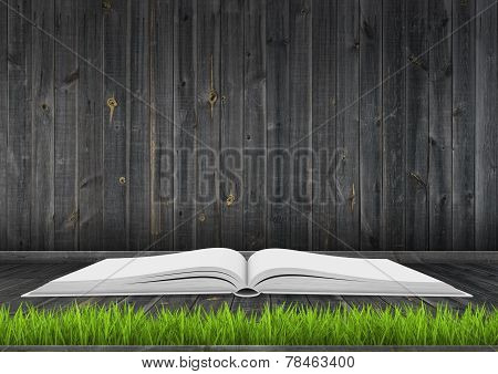 Book on dark wood floor with grass
