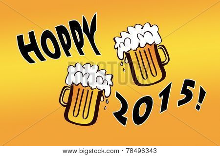 Hoppy 2015 with two mugs of beer - a witty play of words wishing beerful new year