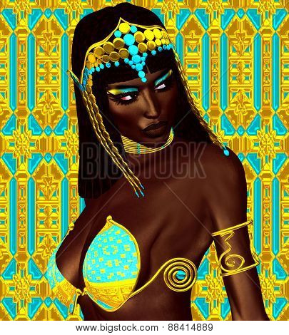 Black Egyptian princess in our modern digital art style, close up.