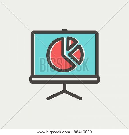 Roller screen with pie graph icon thin line for web and mobile, modern minimalistic flat design. Vector icon with dark grey outline and offset colour on light grey background.