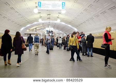 MOSCOW, RUSSIA  -  APRIL 12, 2015: Sokolnicheskaya line - the first line of the Moscow metro. Station of the Moscow metro 
