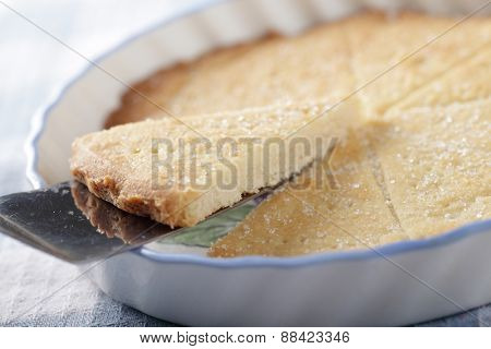 Slice of shortbread on a cake server. Selective focus 