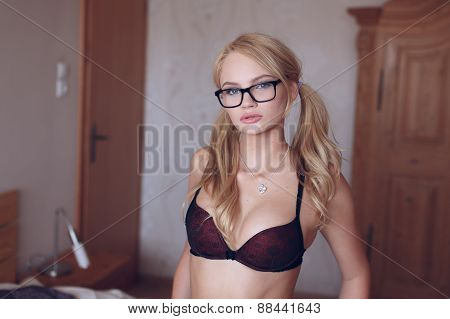 Sexy Blonde Student In Bra
