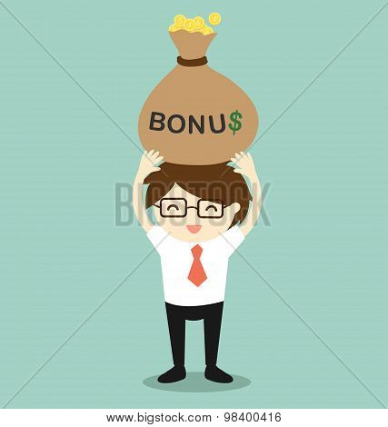 Business concept, Businessman holding bonus and feeling happy. Vector illustration.