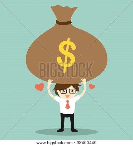 Business concept, Businessman feeling happy with big bag of money. Vector illustration.