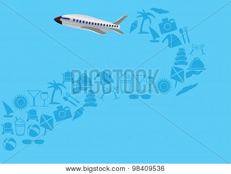 Flying Airplane With Trail Of Vacation Icons Vector Illustration