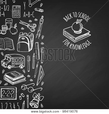 School Tools Sketch Icons On Chalk Board  Isolation Vector Vertical Banner.