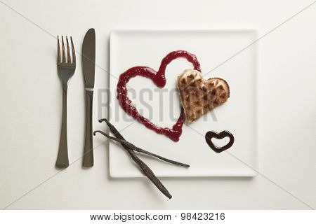 Heart Shaped Waffles, Marmalade, Chocolate Sauce, Vanilla Sticks, Square Plate