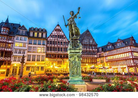 old town square romerberg with Justitia statue in Frankfurt Germany