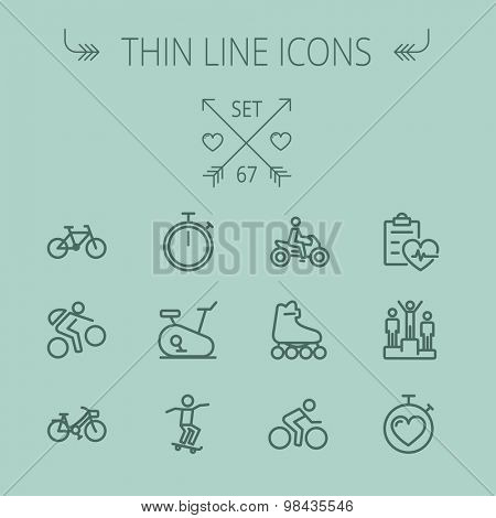 Sports thin line icon set for web and mobile. Set includes- stopwatch, skatboard, bicycle, mountain bike, motorbike, roller skate, heart and time, winners icons. Modern minimalistic vector flat design