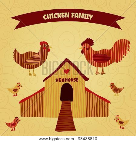 organic farm funny cartoon poster with family chicken: cock, hen with chickens, hen house. Hand draw