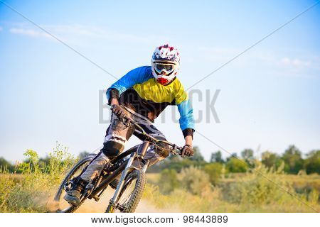Cyclist Riding the Mountain Bike on the Trail. Extreme Sport Concept