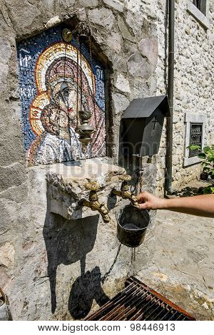 Source Of Holy Water And An Icon In A Monastery On The River Moraca
