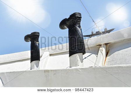 Fisherman Boots Put To Dry On The Deck Of Boat In Sea Fishing Work Lifestyle