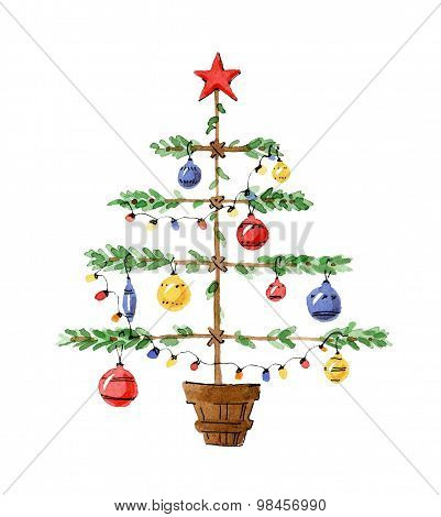 Illustration Christmas trees decorated. Watercolor primitive pastiche