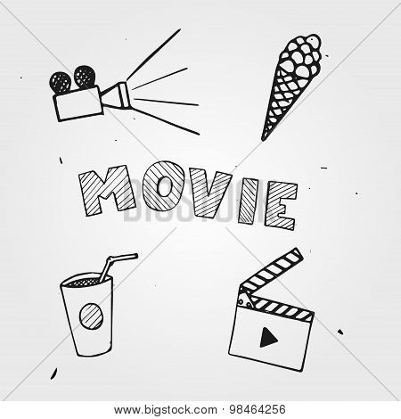 Vector popcorn, camera, hand drawn, movie