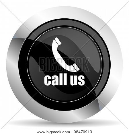 call us icon, black chrome button, phone sign