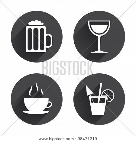 Drinks signs. Coffee cup, glass of beer icons.