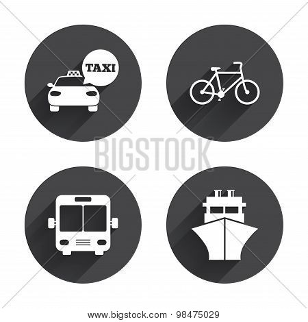 Transport icons. Taxi car, Bicycle, Bus and Ship