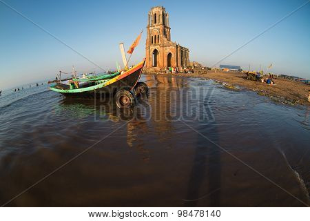 The fallen church in sunrise