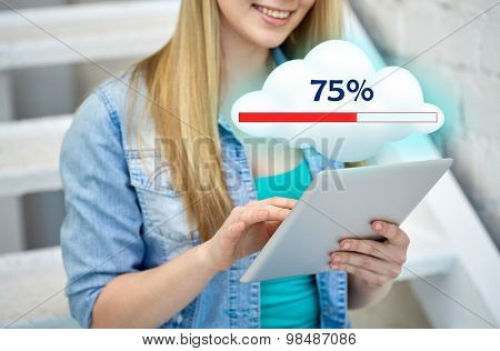 people, technology, cloud computing and internet concept - close up of female hands with tablet pc computer and internet icon transferring data on stairs