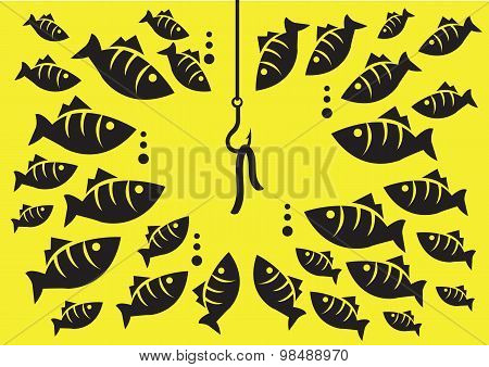 Underwater Fish Surrounding Hook With Bait Vector Illustration