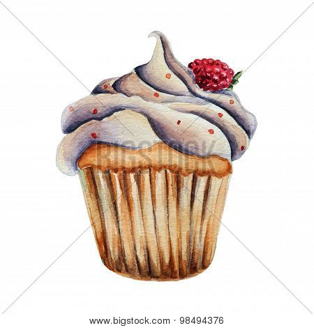 Watercolor cupcake, isolated