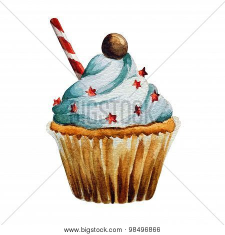 Watercolor cupcake, isolated