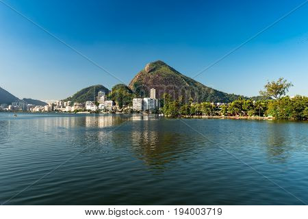 View or Mountains and Buildings of Rio de Janeiro around Rodrigo de Freitas Lagoon