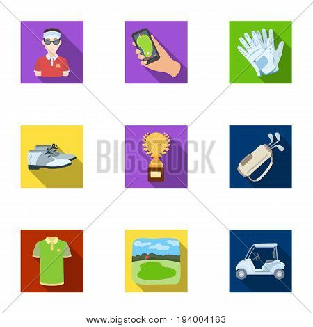 A golfer, a ball, a club and other golf attributes.Golf club set collection icons in flat style vector symbol stock illustration .