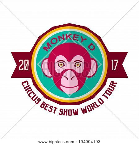 Monkey D circus best show world tour 2017 promotional emblem. Performance with participation of trained apes. Animals face inside circle with signs isolated vector illustration on white background.