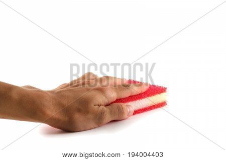 Woman hand holding a cleaning sponge isolated on a white background