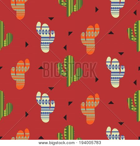 Cactus plant vector seamless pattern. Mexican style color cacti textile print. Ethnic surface print on dark red wallpaper background.