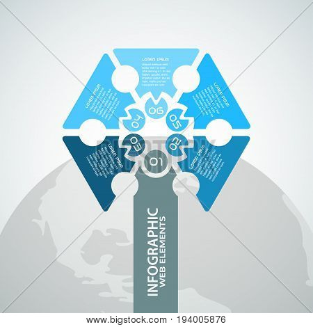 Vector infographic web element of blue hexagon shape with text on the gradient gray background with globe silhouette.
