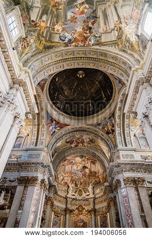 Rome Italy - August 18 2016: Interior view of church of St. Ignatius of Loyola. It is a Roman Catholic titular church dedicated to Ignatius of Loyola the founder of the Society of Jesus. Built in Baroque style