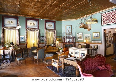 BUFFALO, WYOMING - JUNE 23, 2017: The Occidental Hotel Lobby. Founded in 1880 at the foot of the Bighorn Mountains near the Bozeman Trail, it became one of the most renowned hotels in Wyoming.