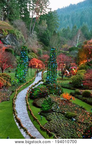 Victoria BC,Canada,December 18th 2012.The sunken gardens at Christmas time at the world famous Butchart Gardens in Victoria BC.Merry Christmas everyone.