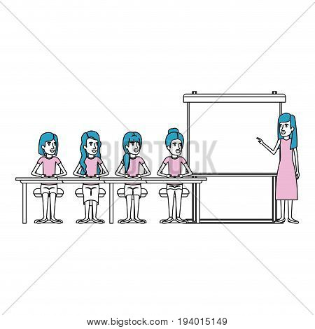 silhouette color sections with women group sitting in a desk for executive female in presentacion business people vector illustration