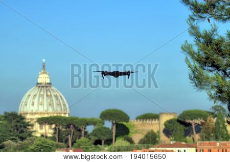 flying drone with san peter dome in background