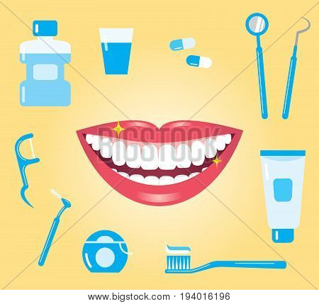 dental hygiene concept. smiling mouth with clean teeth and dental care products