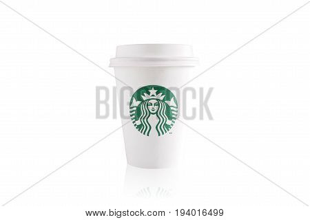 LOEI , THAILAND, 26 JUNE 2017 : A Cup of Starbucks hot beverage coffee on white background